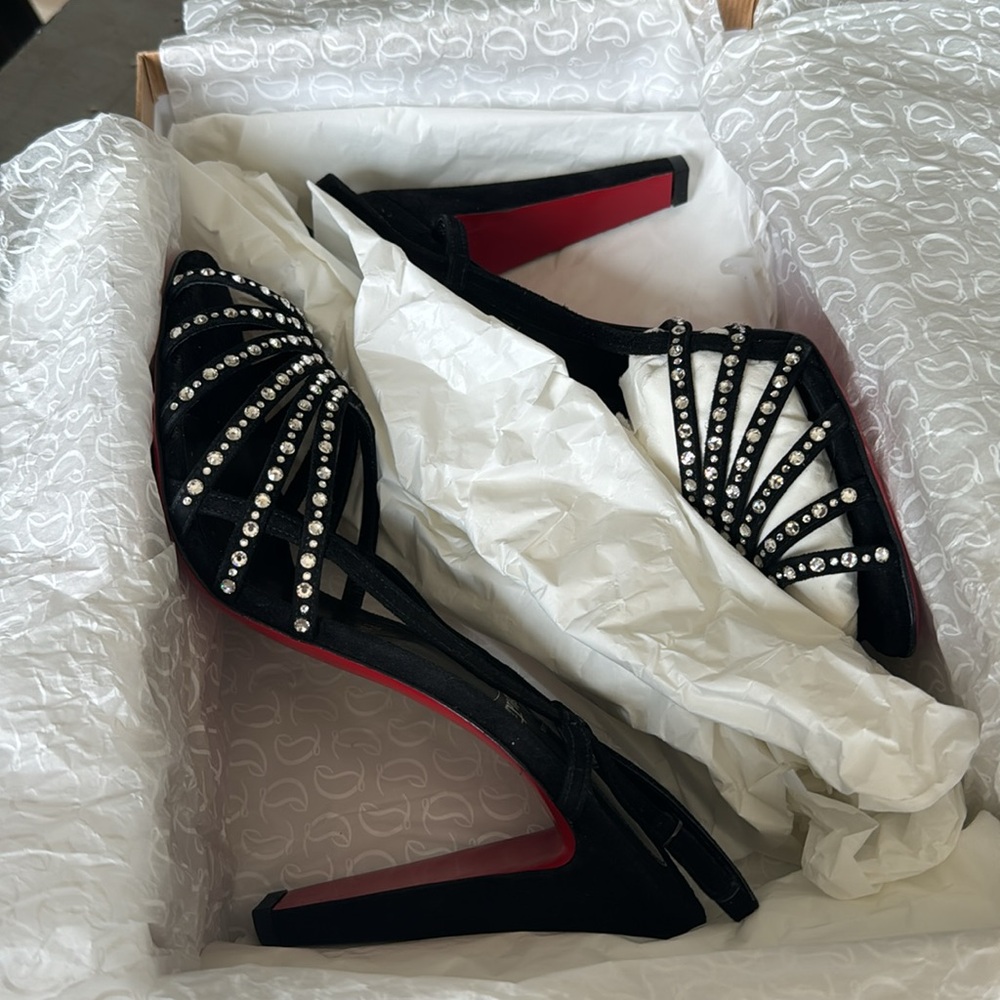Christian Louboutin vegastrassima black suede rhinestone pump 100mm sz 41 - Picture 12 of 12
